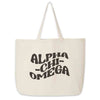 Alpha Chi Omega sorority name with a simple mod design digitally printed on roomy canvas tote bag.