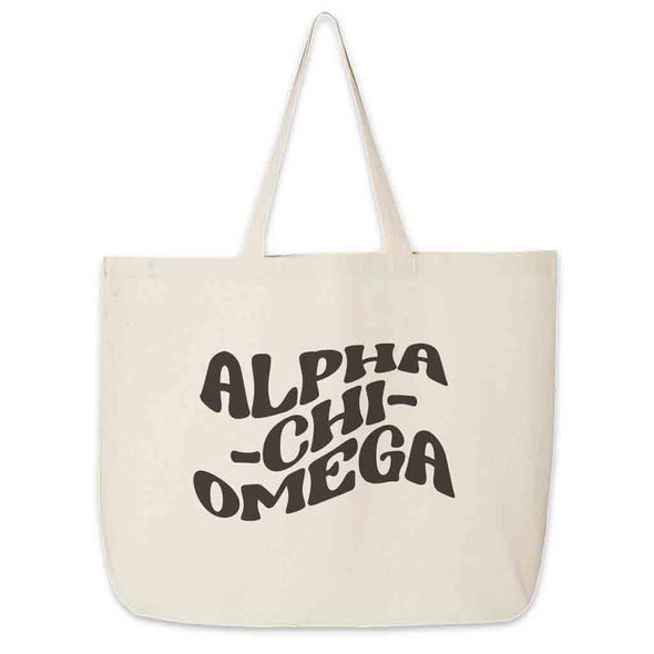 Alpha Chi Omega sorority name with a simple mod design digitally printed on roomy canvas tote bag.