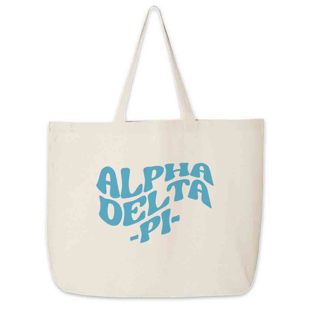 Alpha Delta Pi sorority name digitally printed on roomy canvas tote bag.