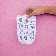 Alpha Epsilon Phi sorority letters in repeat boho letters custom printed on no show socks.