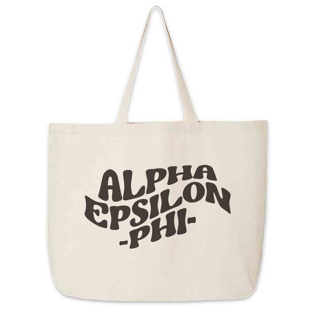 Alpha Epsilon Phi digitally printed simple mod design on roomy canvas sorority tote bag.