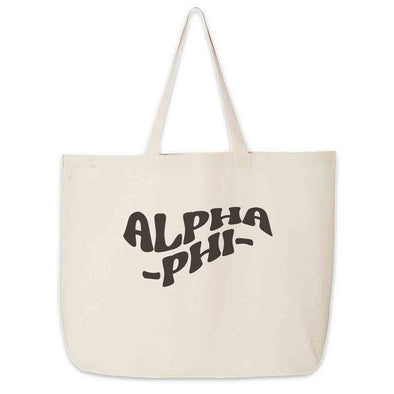 Alpha Phi digitally printed simple mod design on roomy canvas sorority tote bag.