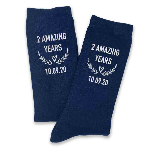 These navy two year anniversary socks make a great 2nd anniversary gift for a husband