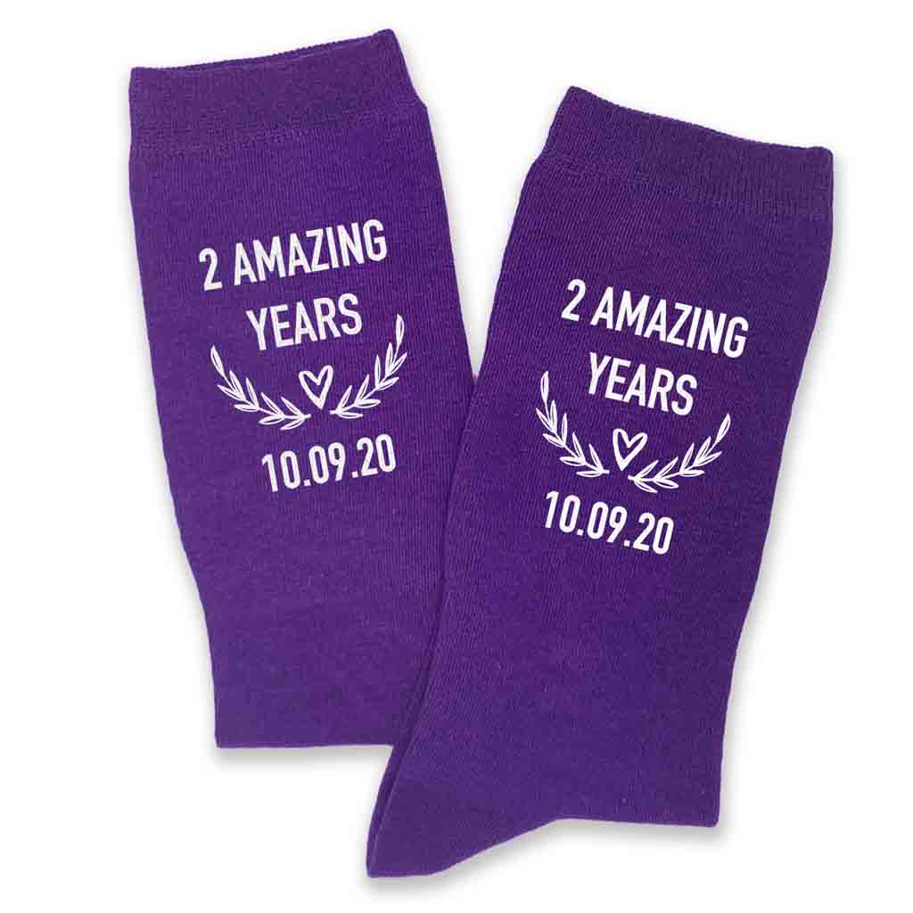 These purple two year anniversary socks make a great 2nd anniversary gift for a husband