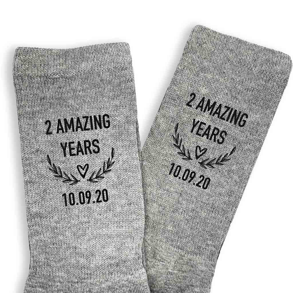 Two amazing years custom printed on the sides of ribbed crew socks with your wedding date.