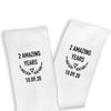 Two amazing years custom printed on the sides of ribbed crew socks with your wedding date.
