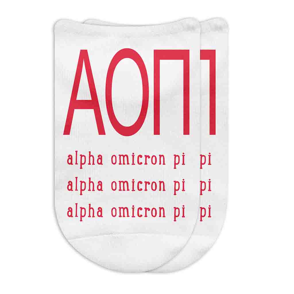 Alpha Omicron Pi sorority name and letters digitally printed on white no show socks.