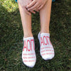 Alpha Omicron Pi sorority name and letters digitally printed on white no show socks.