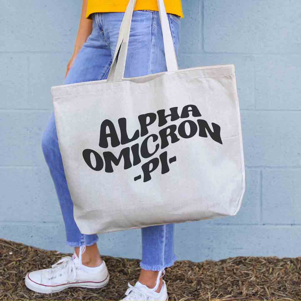 Alpha Omicron Pi digitally printed simple mod design on roomy canvas sorority tote bag.