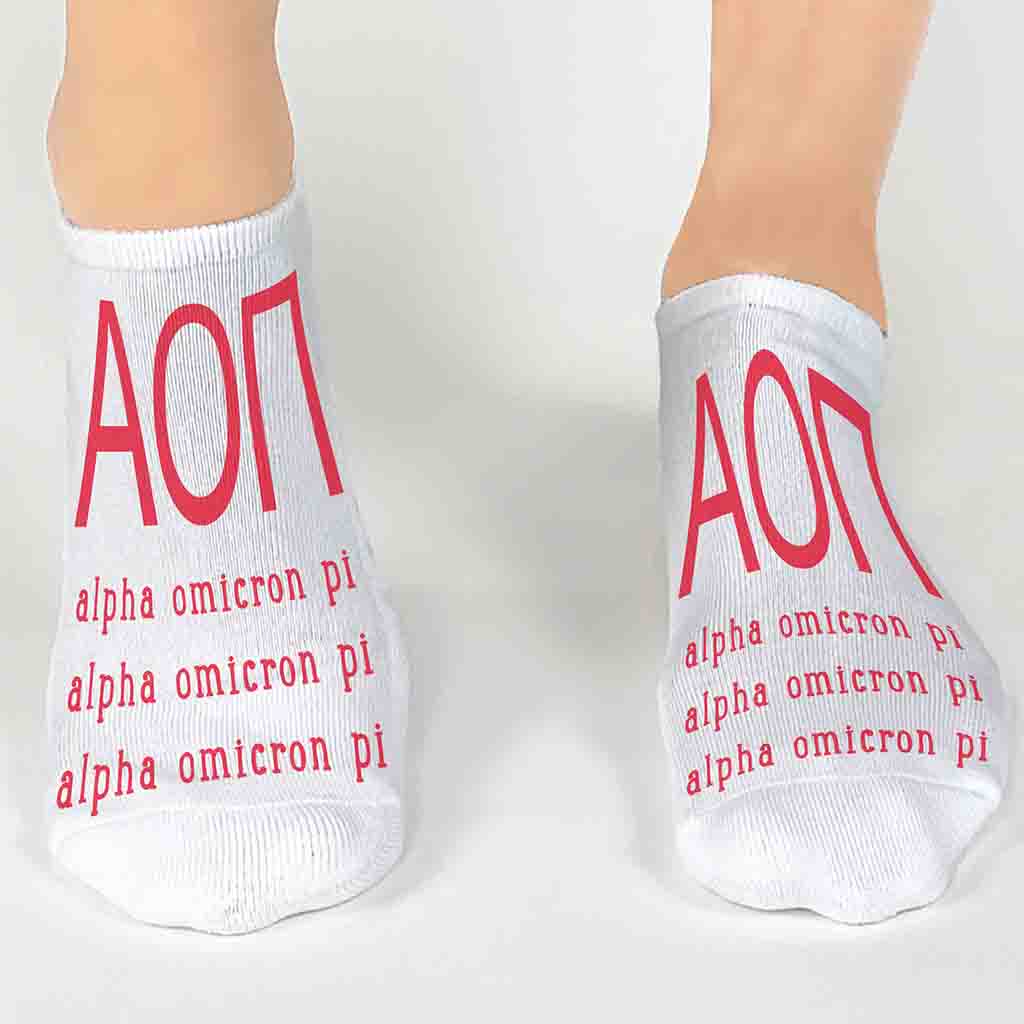 Alpha Omicron Pi sorority name and letters digitally printed on white no show socks.