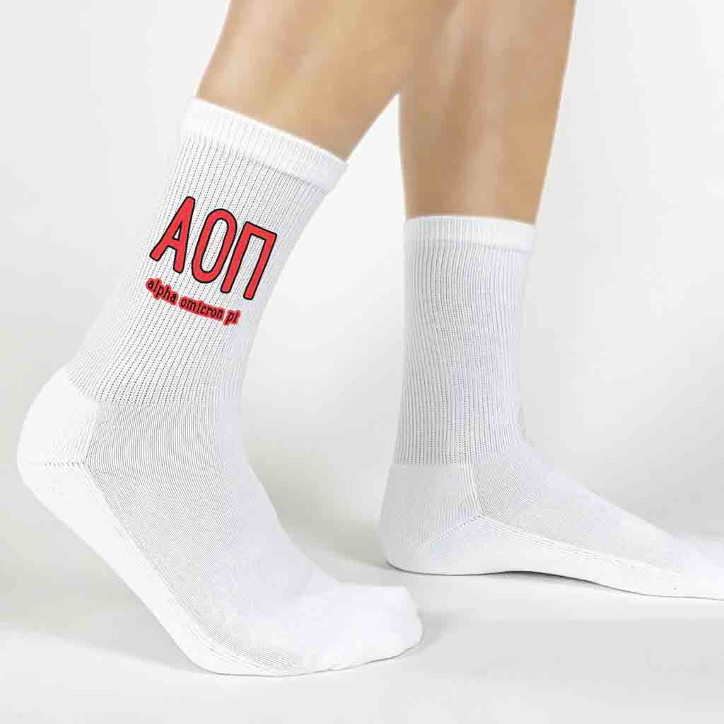 Alpha Omicron Pi sorority name and letters digitally printed on white crew socks.