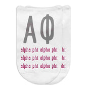 Cute Alpha Phi sorority socks with large greek letters and sorority name digitally printed on white no show socks.