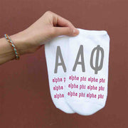Cute Alpha Phi sorority socks with large greek letters and sorority name digitally printed on white no show socks.