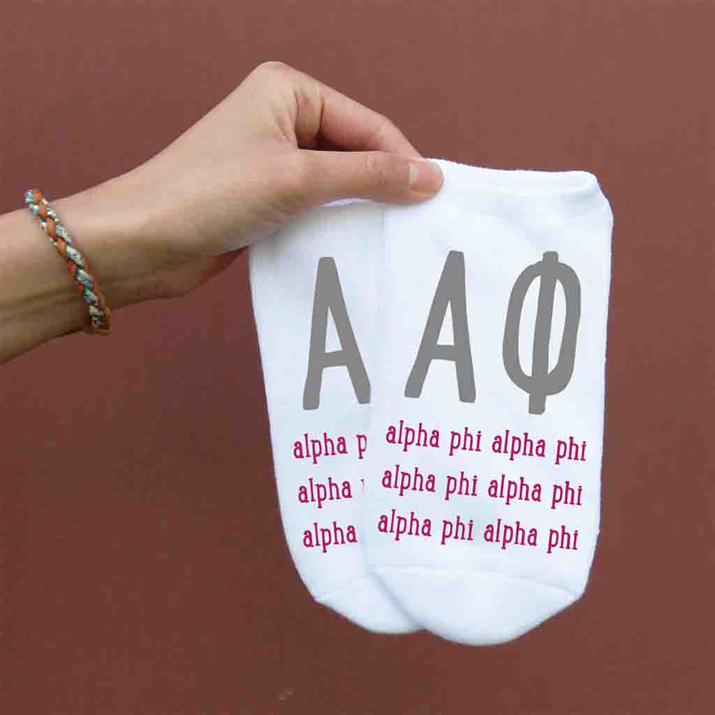 Cute Alpha Phi sorority socks with large greek letters and sorority name digitally printed on white no show socks.