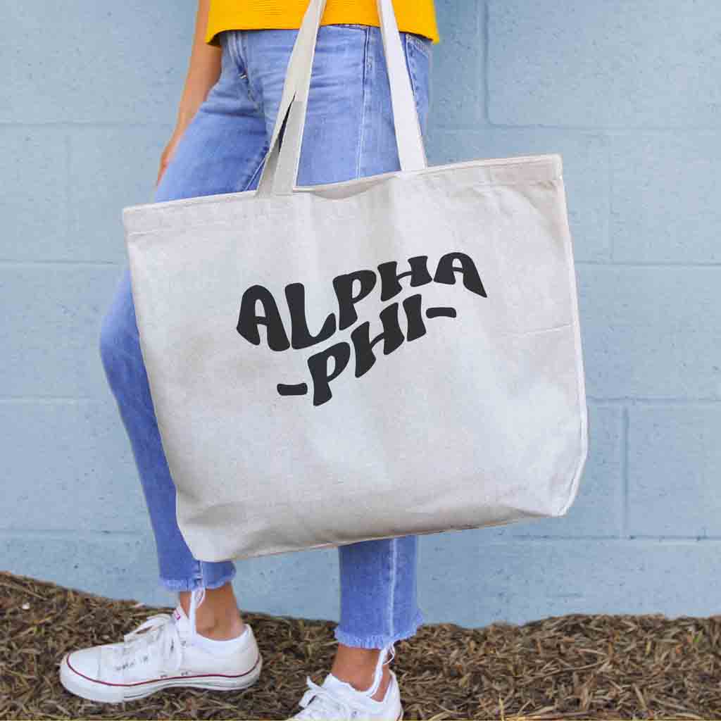Alpha Phi digitally printed simple mod design on roomy canvas sorority tote bag.