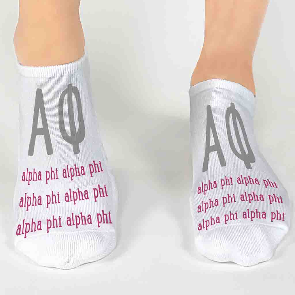 Cute Alpha Phi sorority socks with large greek letters and sorority name digitally printed on white no show socks.