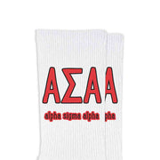 Alpha Sigma Alpha sorority letters and name digitally printed on white crew socks.