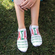 Alpha Sigma Alpha sorority name and letters digitally printed on white no show socks.