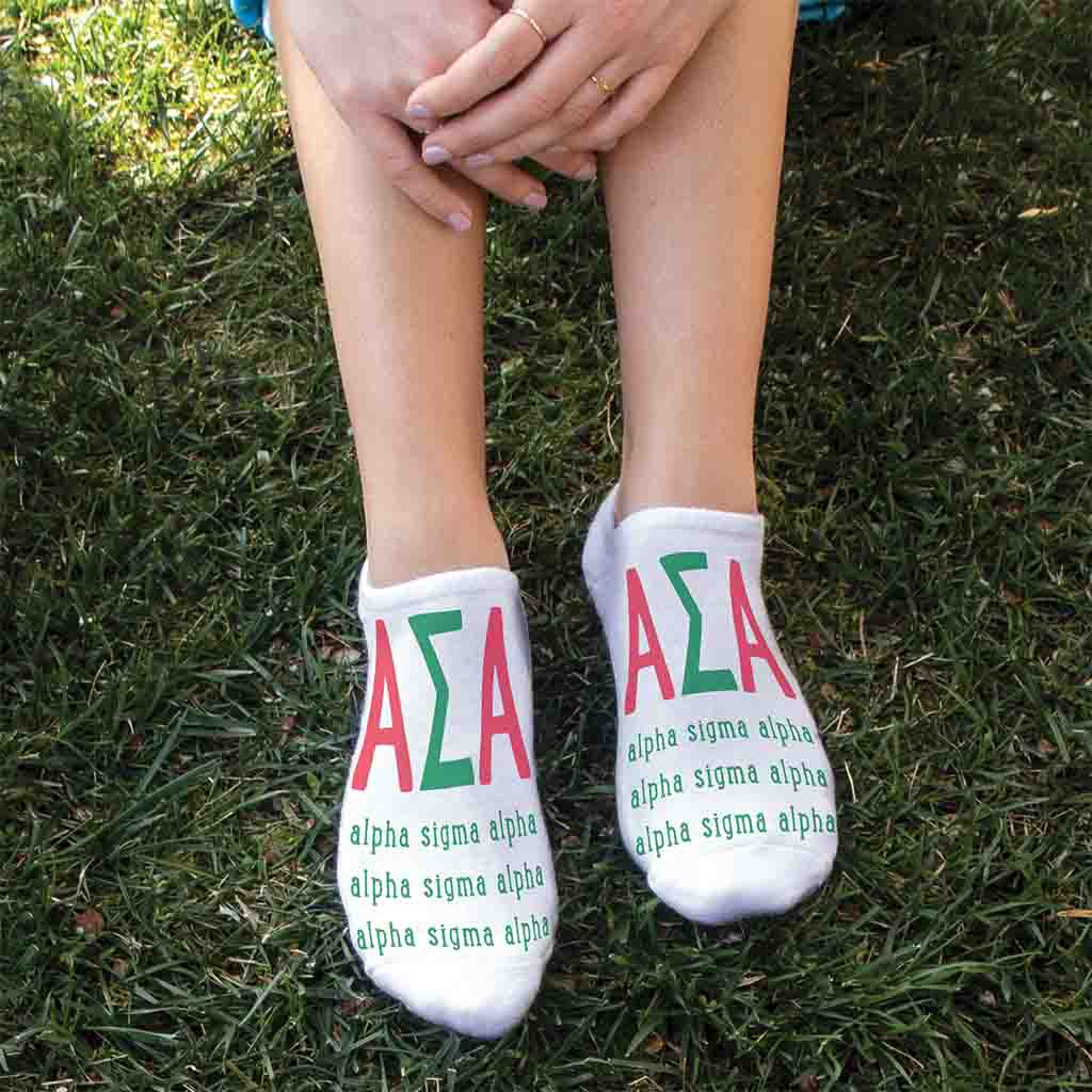 Alpha Sigma Alpha sorority name and letters digitally printed on white no show socks.