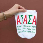 Alpha Sigma Alpha sorority name and letters digitally printed on white no show socks.