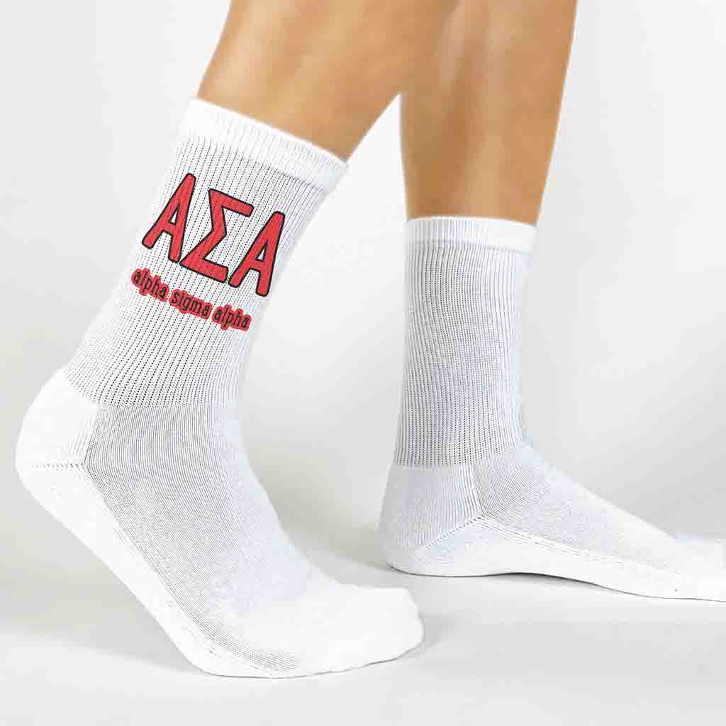 Alpha Sigma Alpha sorority letters and name digitally printed on white crew socks.