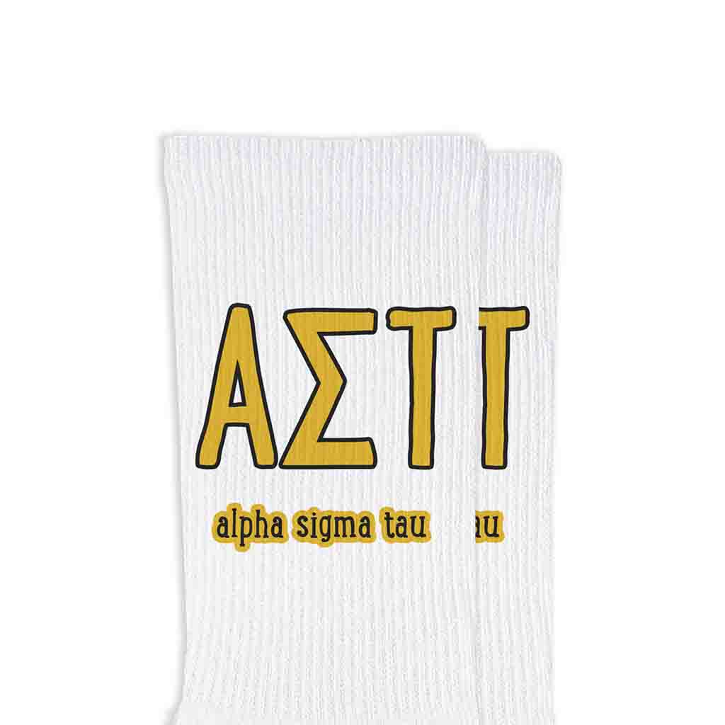 Alpha Sigma Tau sorority letters and name digitally printed in sorority colors on white crew socks.