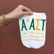Alpha Sigma Tau sorority name and letters digitally printed in sorority color on white no show socks.