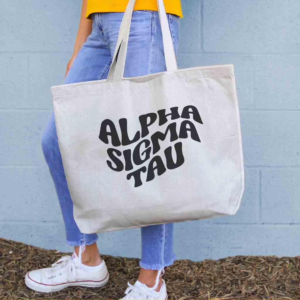 Alpha Sigma Tau digitally printed simple mod design on roomy canvas sorority tote bag.