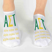 Alpha Sigma Tau sorority name and letters digitally printed in sorority color on white no show socks.
