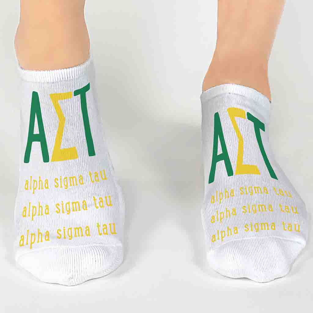 Alpha Sigma Tau sorority name and letters digitally printed in sorority color on white no show socks.