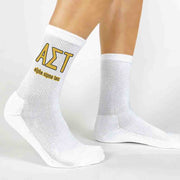 Alpha Sigma Tau sorority letters and name digitally printed in sorority colors on white crew socks.
