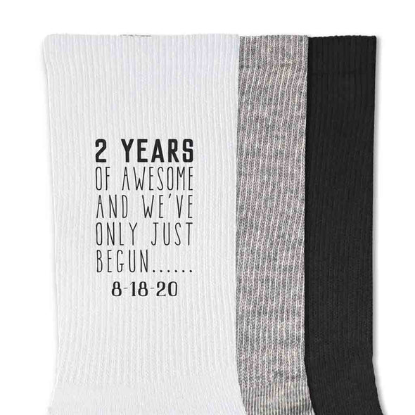 Two year anniversary wedding socks custom printed with two years of awesome and we've only just begun personalized with your wedding date.