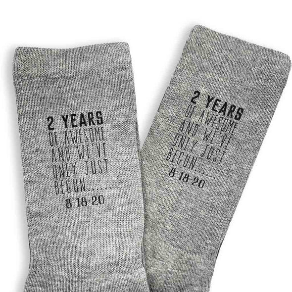 Two year anniversary wedding socks custom printed with two years of awesome and we've only just begun personalized with your wedding date.