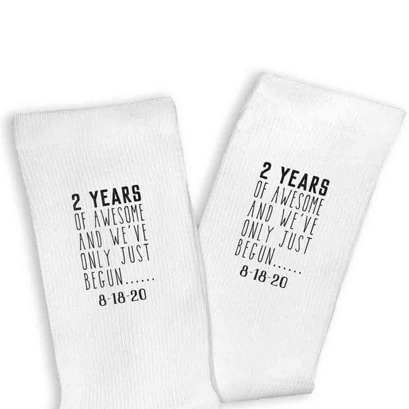 Two year anniversary wedding socks custom printed with two years of awesome and we've only just begun personalized with your wedding date.