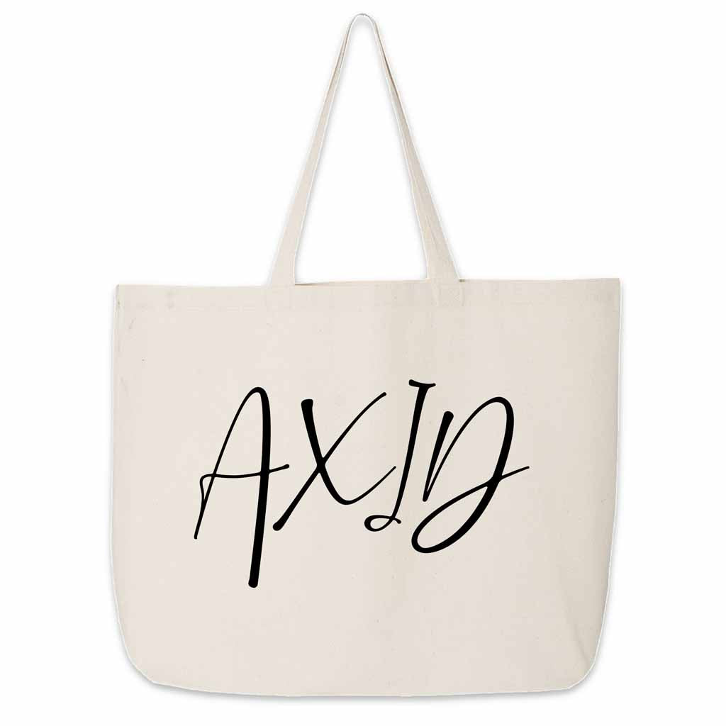 The perfect carry all for all your college sorority gear this Alpha Xi Delta sorority nickname printed on canvas tote bag in script writing.