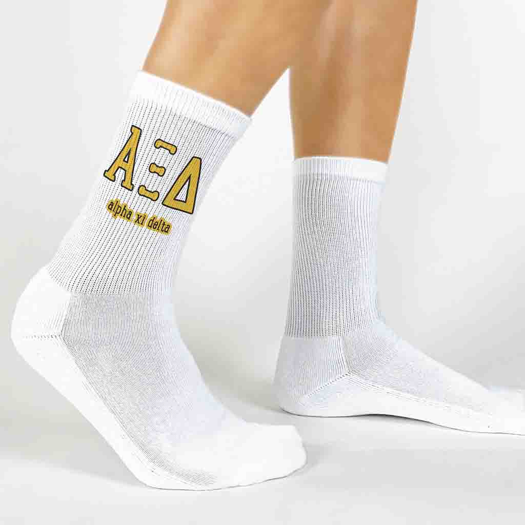 Alpha Xi Delta sorority letters and name digitally printed on white crew socks.