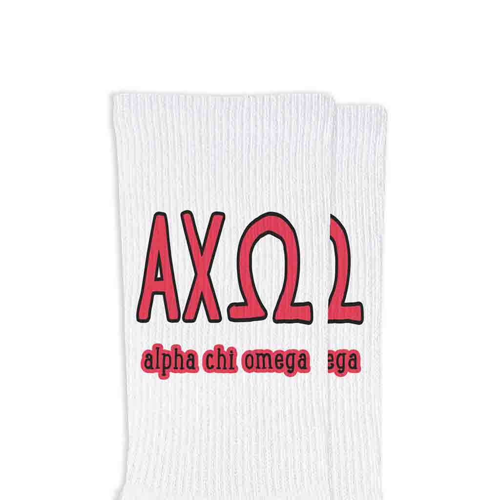 Alpha Chi Omega sorority name and letters digitally printed in sorority colors on white crew socks.