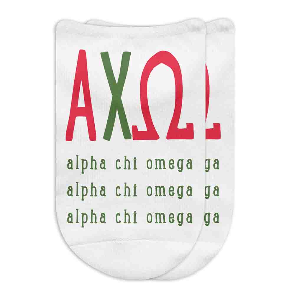 Alpha Chi Omega sorority letters and name digitally printed in sorority colors on white no show socks.