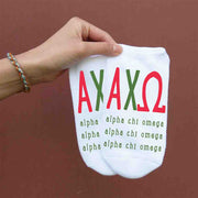 Alpha Chi Omega sorority letters and name digitally printed in sorority colors on white no show socks.