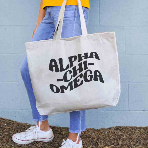 Alpha Chi Omega sorority name with a simple mod design digitally printed on roomy canvas tote bag.