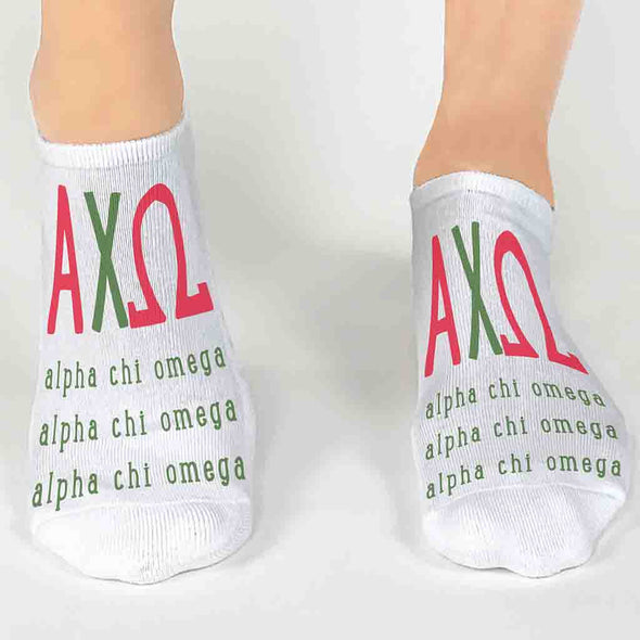 Alpha Chi Omega sorority letters and name digitally printed in sorority colors on white no show socks.