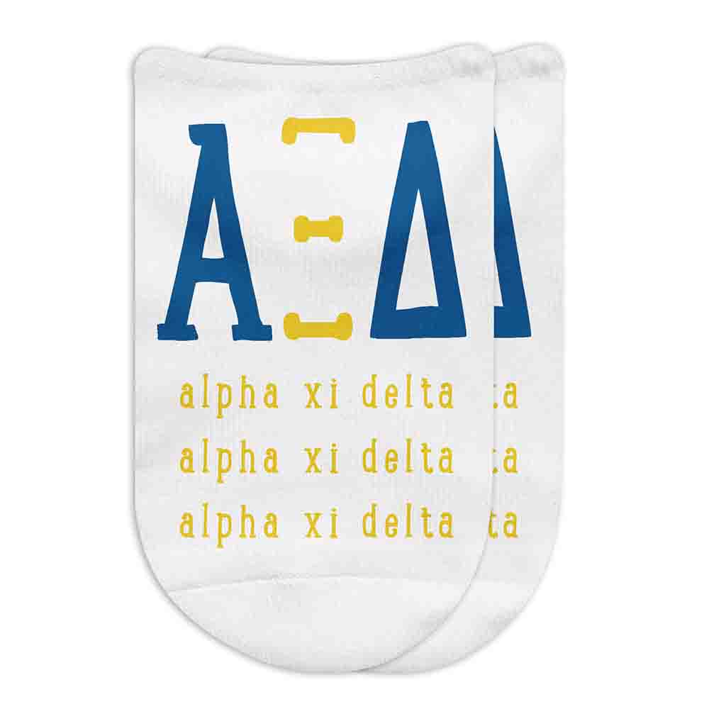 Alpha Xi Delta sorority name and letters digitally printed in sorority colors on white no show socks.