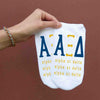 Alpha Xi Delta sorority name and letters digitally printed in sorority colors on white no show socks.