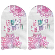 Soft white cotton no show socks digitally printed with self affirmation mantra abundance surrounds me design by sockprints.