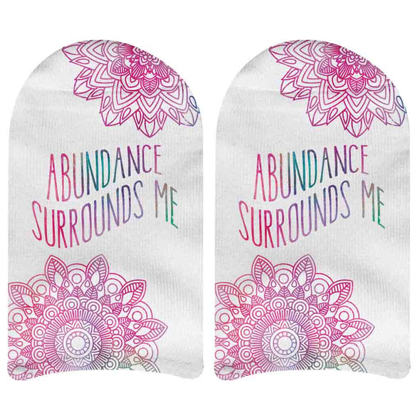 Soft white cotton no show socks digitally printed with self affirmation mantra abundance surrounds me design by sockprints.