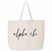 Fun Alpha Chi Omega sorority nickname printed on a canvas tote bag in script writing is a great gift for your sorority sisters.