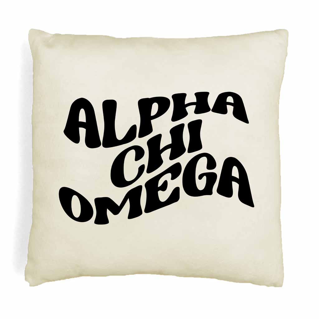 Alpha Chi Omega sorority name in a mod style design custom printed on throw pillow cover.