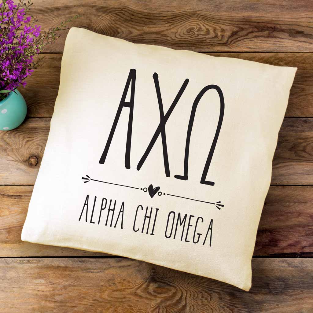 AXO sorority letters and name in a boho style design custom printed on white or natural cotton throw pillow cover.