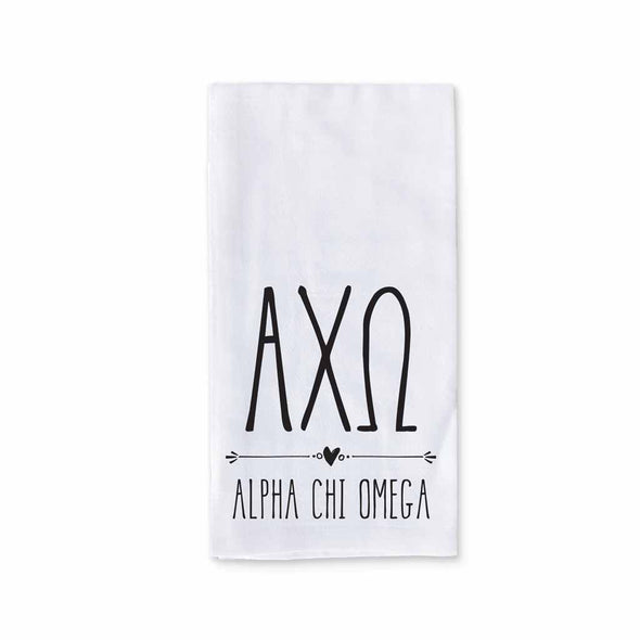 Alpha Chi Omega sorority name and letters digitally printed on cotton dishtowel with boho style design.