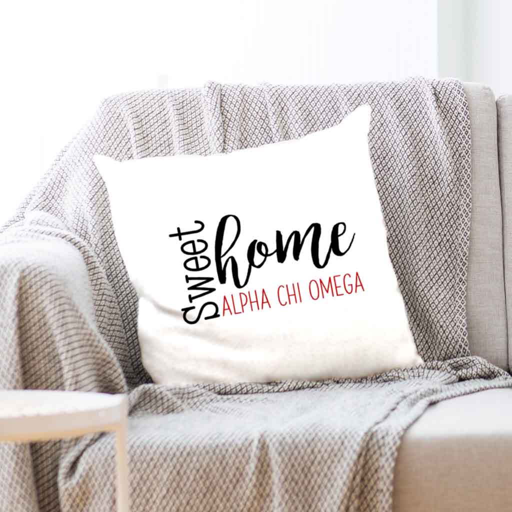 Sweet home Alpha Chi Omega sorority design digitally printed on white or natural throw pillow cover.